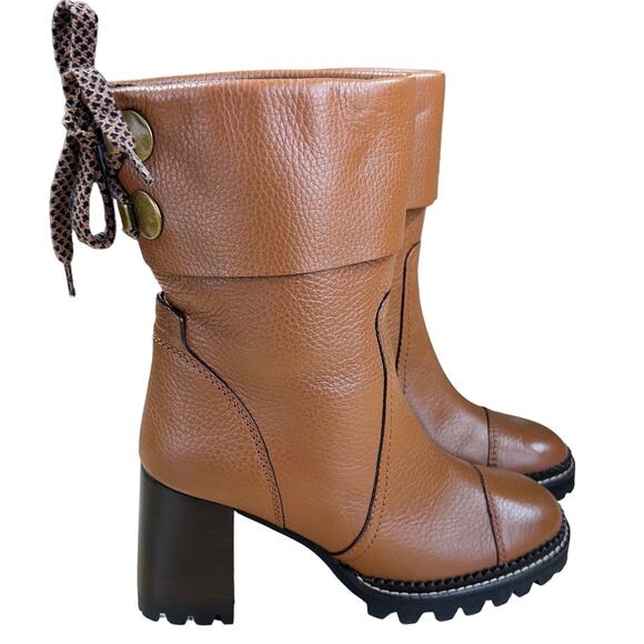See By Chloe NWOB Lugg Sole Cognac Brown Leather Heeled Boots Size 37 (US 7) - Picture 2 of 10